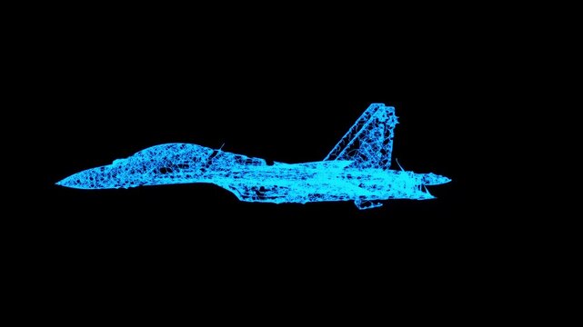 Fighter jet military aircraft flying. Wireframe low poly mesh. Available in FullHD and 4K video