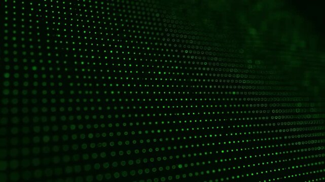 Glowing green dot pattern on a black background, 3D effect
