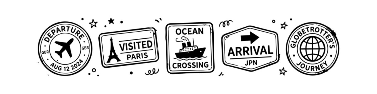 Set of vintage-style black travel and passport stamps on a white background, featuring icons for departure, arrival, Paris, ocean crossing, and a globetrotter's journey.