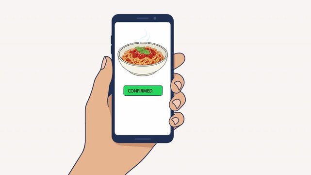 Online food ordering application animation on smartphone screen flat vector concept, 2D vector flat animation of fast food delivery app user interface template.