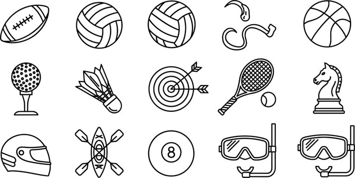 Sports and recreation equipment line icon set featuring rugby volleyball basketball tennis racket golf badminton target chess helmet and diving goggles vectors