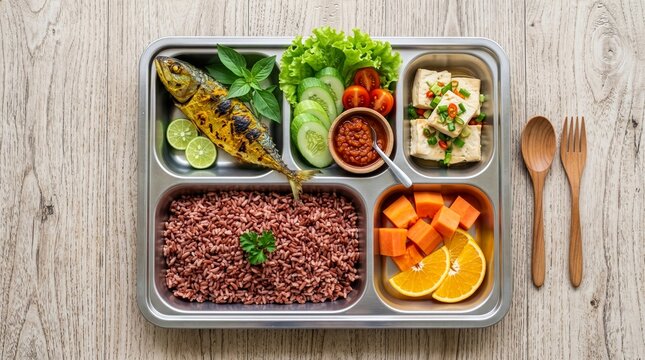 Top View of Healthy Indonesian School Lunch with Red Rice, Grilled Fish, Tofu and Fresh Fruit, concept for Indonesia's Makanan Bergizi Gratis (MBG) free school meal program, promoting diverse protein 