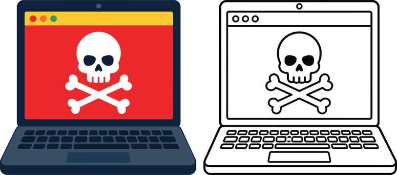 Cybersecurity threat illustration laptop with skull and crossbones icon set