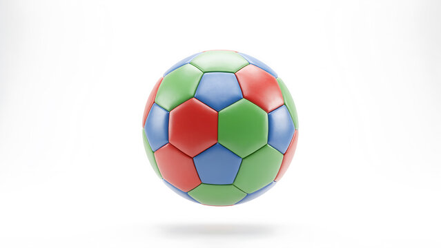A colorful soccer ball rendered in 3d with red green and blue pentagonal and hexagonal panels on a white background