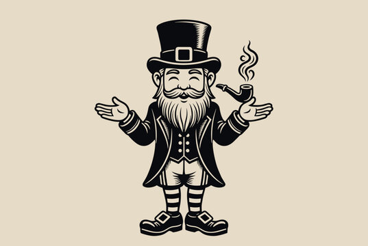 Irish leprechaun character holding a smoking pipe and gesturing with his hands in a retro black and white line art.