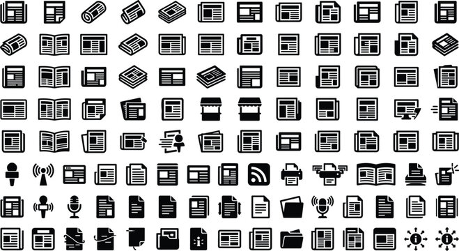 Newspaper and mass media silhouette icon set with article document report microphone newsletter printer and magazine vector