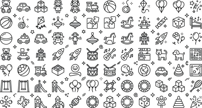 Children toy line icon set with teddy bear car block doll train rocket and playground equipment vector