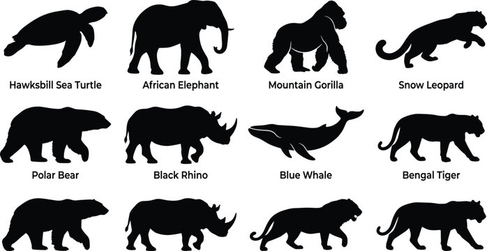 Endangered animal silhouettes set featuring elephant, tiger, whale, gorilla, rhino, bear, leopard, and sea turtle