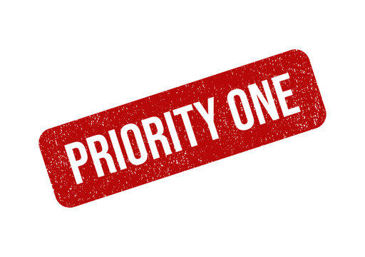 Red priority one rubber stamp impression with a grunge texture effect