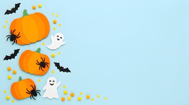 Halloween day decorations with pumpkins ghosts and bats on blue background