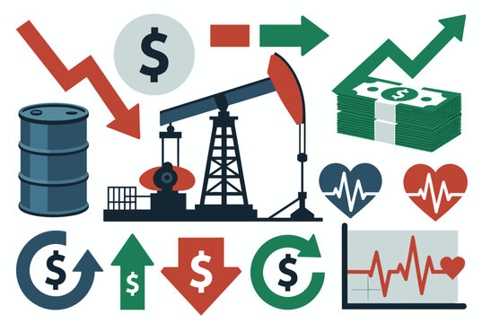 Infographic elements about the oil industry and global economy, featuring an oil pump, barrel, cash, and graphs.