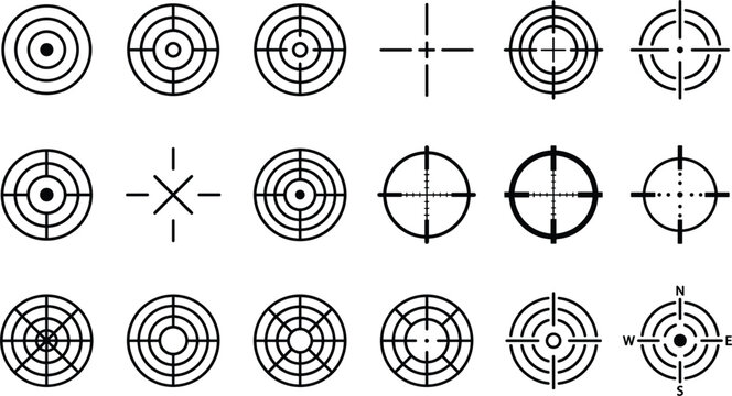 Target crosshair line icon set with sniper sight bullseye aim focus hunting scope and compass navigation symbols vector