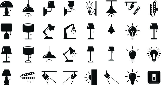 Lamp silhouette icon set with desk light bulb table lantern floor fixture spotlight wall sconce vector
