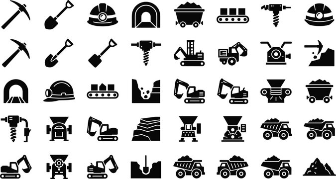 Mining industry silhouette icon set with heavy machinery excavator dumper truck pickaxe shovel and tunnel engineering vector