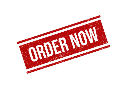 Red rectangular rubber stamp with the words order now in white text