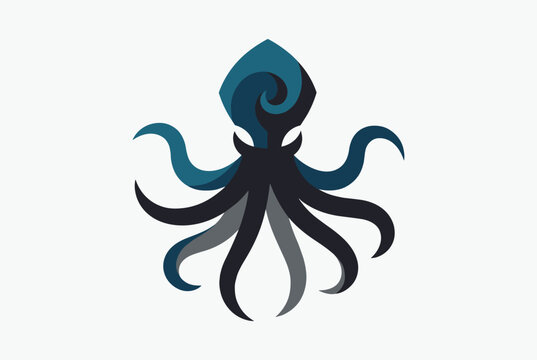 Stylized dark blue octopus mascot logo with swirling tentacles on a light grey background, marine symbol icon.