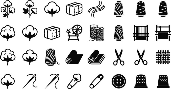 Cotton and textile industry icon set with yarn spool sewing needle scissors fabric roll clothing manufacture vector