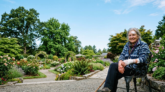 Happy elderly woman relishing the beauty of a vibrant flower garden under the warm sunlight