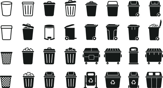 Trash can icon set with garbage bin dumpster and recycling container silhouettes for waste management design vector.