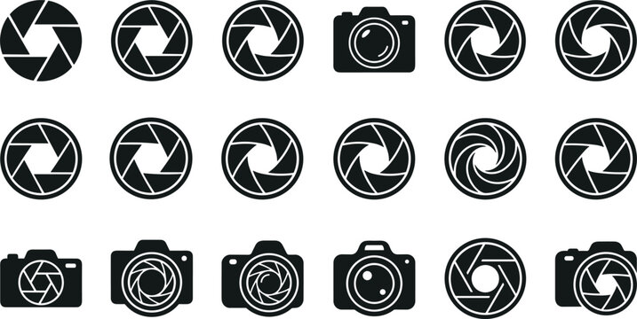 Camera shutter aperture and photography lens silhouette icon set for digital multimedia studio logo emblem vector.