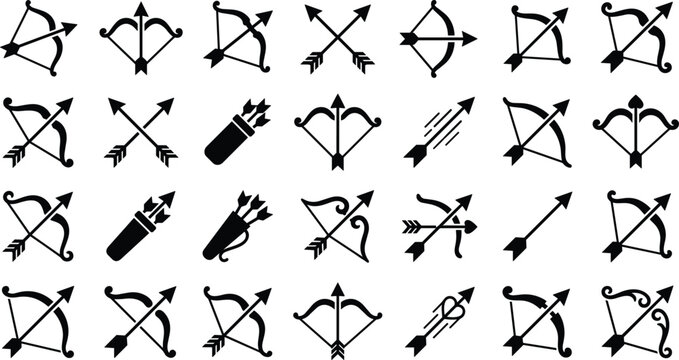 Archery bow and arrow silhouette icon set for hunting sports target weapon logo game asset vector.