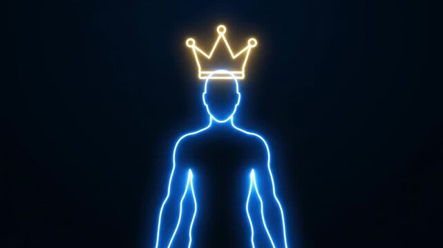 Glowing neon silhouette of a person wearing a crown against a dark background