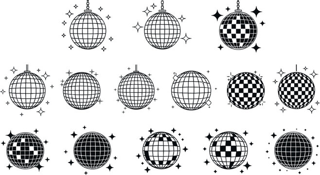 Sparkling Disco Ball Icon Set with Textured Grunge Details for Retro Nightclub Parties and Music Festival Vector Graphic Designs