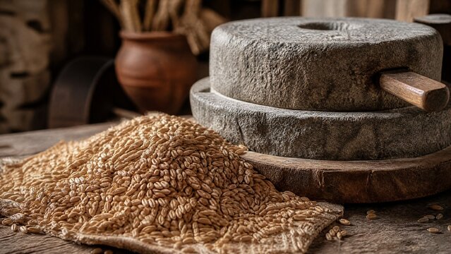emmer. Heap of hulled emmer grains beside a traditional stone mill. safety posters, maintenance manuals, designed for industrial assembly lines and welding operations.