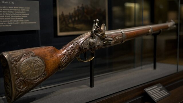 flintlock. An antique flintlock musket with a carved wooden stock is displayed in a museum. event programs, museum guides, designed for cultural heritage projects and event programs.