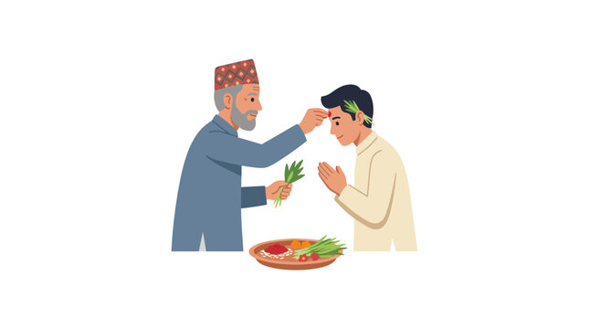 Elderly man applies tika to young man's forehead, cultural blessing
