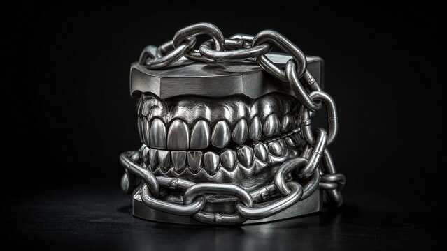 constrained. Metal dental model wrapped in heavy chains, symbolic representation of constrained movement on dark background. wellbeing guides.