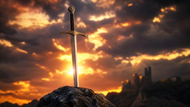 longsword. Knight's longsword thrust into craggy rock, dramatic sunset backlight, heroic. inspiring travel planning, event programs, designed for cultural heritage projects and event programs.