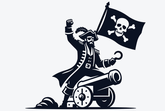 Pirate captain with a classic hook hand standing on a vintage cannon and holding a waving black Jolly Roger flag.