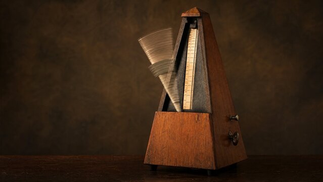 metronome. A vintage wooden metronome in motion on a dark surface. gardening catalogs, home-decor guides, designed for home decor and floral branding, used by biotech researchers.