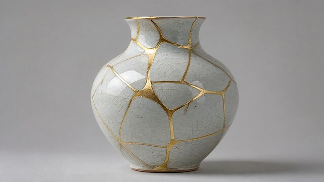 bennington. Shattered ceramic vase repaired with golden lacquer, kintsugi art on simple background. event programs, museum guides, designed for cultural heritage projects and event programs.