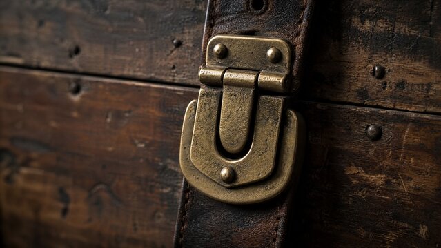 hasp. A heavy brass hasp fastened on the leather strap of an aged wooden crate. real-estate listings, architecture portfolios, designed for interior renovation comparisons for interiors.