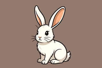 Obraz premium Cute white rabbit with long ears sitting peacefully against a solid light brown background in cartoon style.