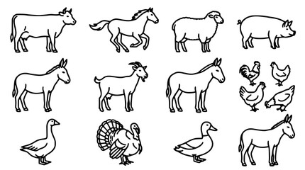 Fototapeta premium Farm Animal Icons Set with Line Art of Cow, Horse, Chicken, Goose, and Sheep for Educational Vector Designs