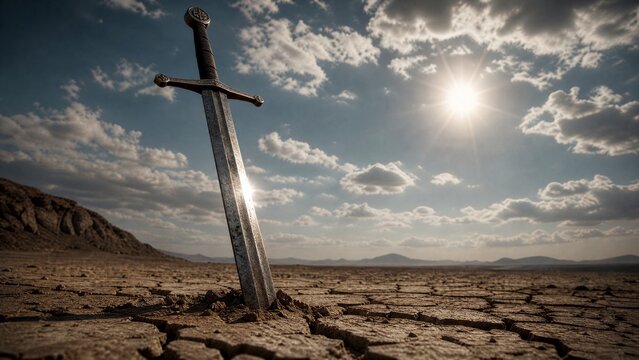 longsword. A medieval longsword plunged into cracked earth under sunlight. event programs, museum guides, designed for cultural heritage projects and event programs, elevates cultural identity.