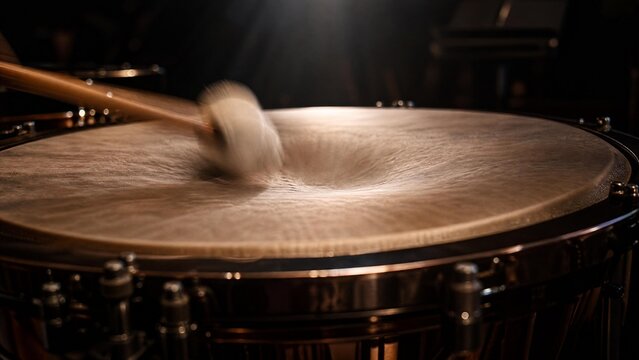timpani. Timpani drumhead with blurred mallet impact and deep vibration. product launch decks, UI/UX mockups, designed for product launches and innovation pitches, clarifies data.