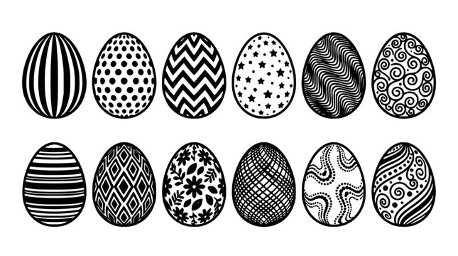 Easter Egg Icons Set with Black and White Patterns Like Stripes, Dots, Zigzags, Stars, and Swirls for Decoration