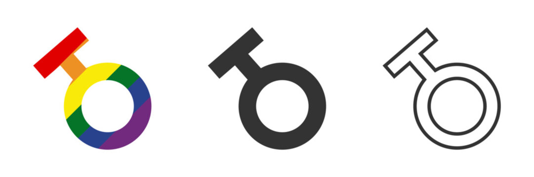 Androgyne symbol icon set with rainbow flag colors, solid black, and outline variations, representing gender identity.