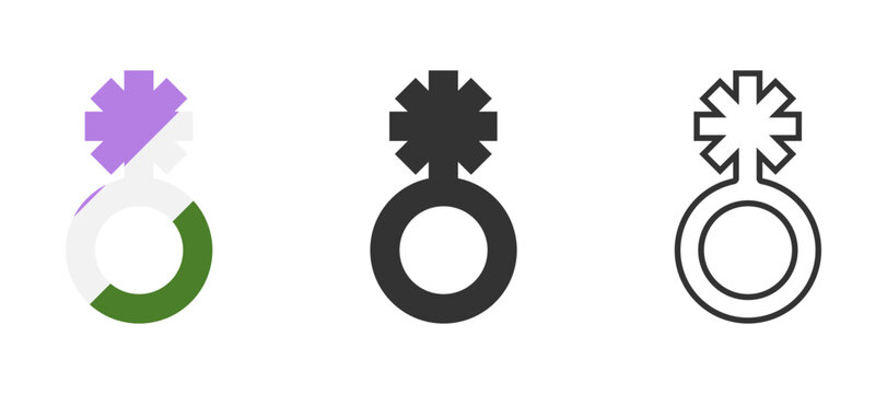 Genderqueer symbol icon set with pride flag colors, solid black, and outline variations, representing nonbinary identity.