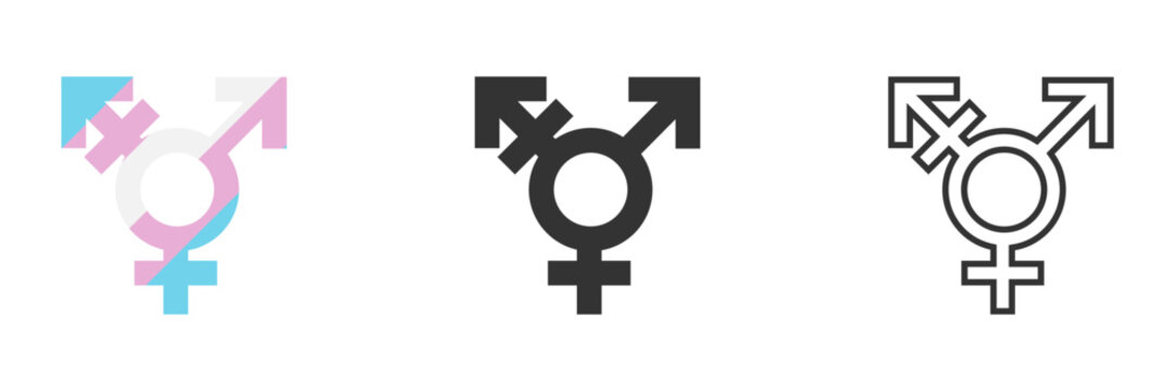 Transgender symbol icon set with pride flag colors, solid black, and outline variations, representing trans identity.