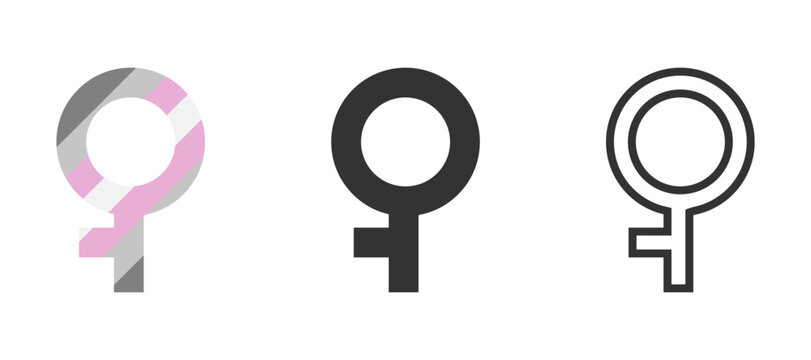 Demigirl symbol icon set with pride flag colors, solid black, and outline variations, representing demigirl identity.