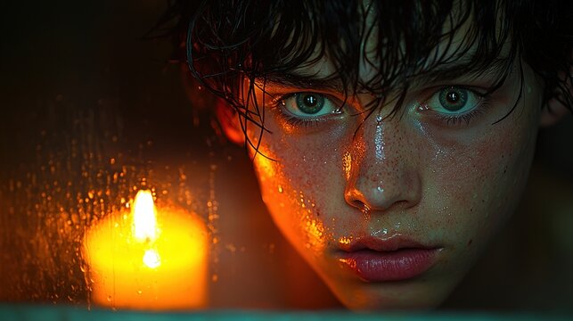 Pensive boy with wet hair staring near candlelight behind foggy glass, moody dramatic closeup reflection