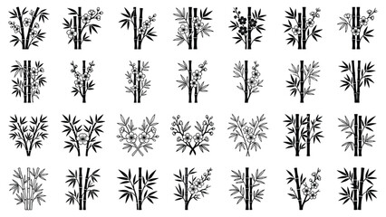 Bamboo vector illustration collection of black silhouette icons with asian plant leaves stalk branch and cherry blossom © Md Robin Hasan