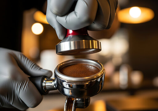 Barista wearing gloves tamping espresso grounds in portafilter, preparing coffee, isolated on transparent background.