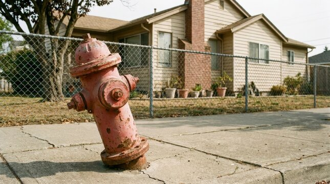 Old red fire hydrant in suburban residential neighborhood.
