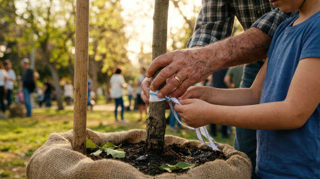 Elderly man and child planting a tree together outdoors.